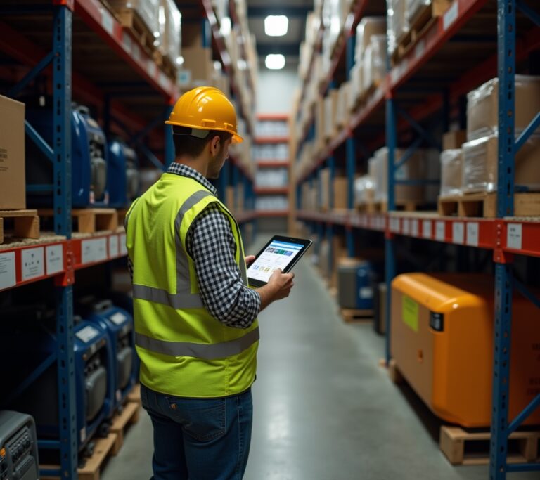 Worker checking in returned rental equipment at an outdoor storage yard