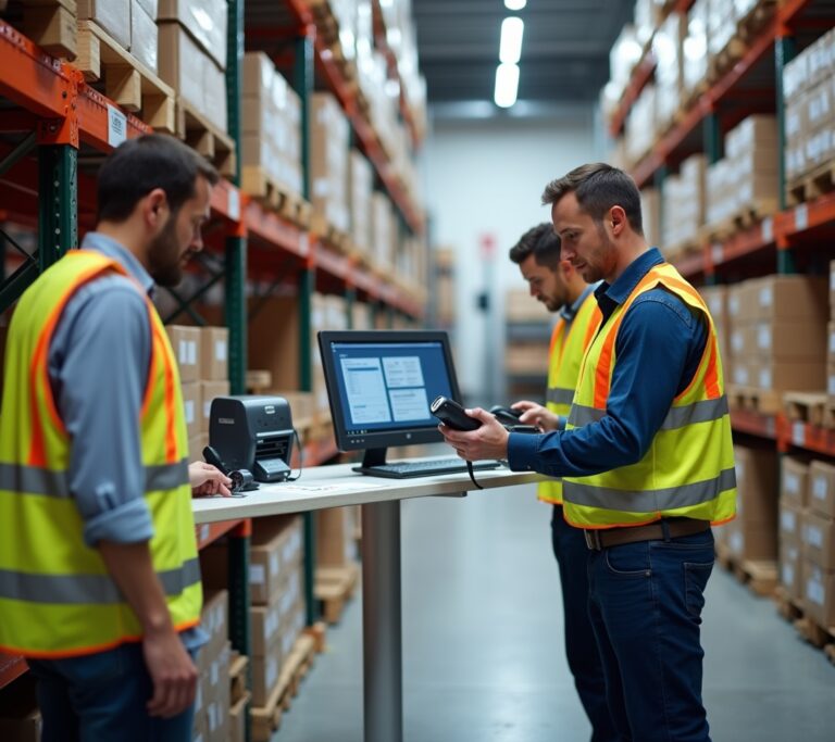 Hand holding a barcode scanner pointed at a box label on a warehouse shelf