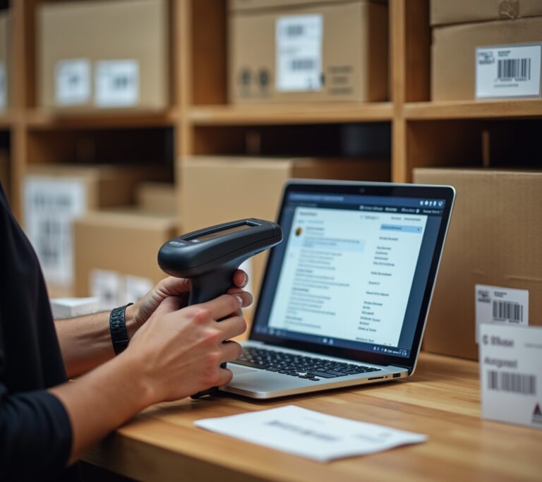 Small shop owner scanning a product barcode at a checkout counter