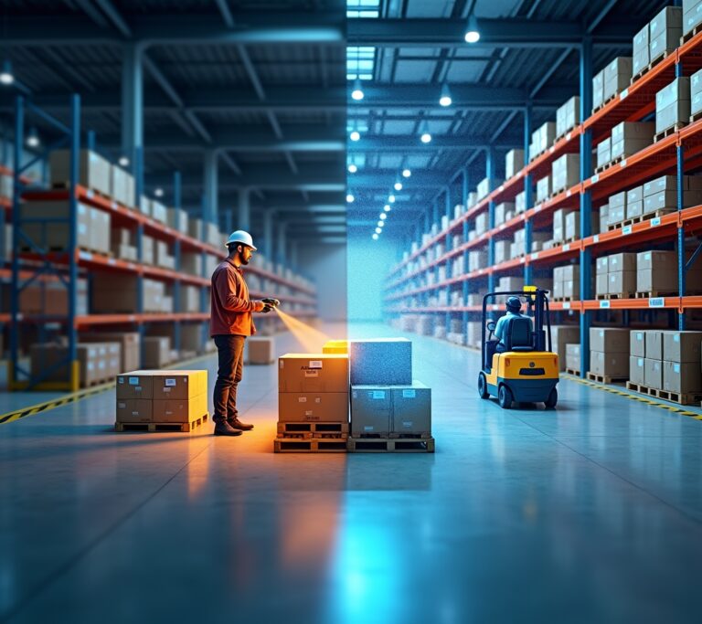 Warehouse worker scanning a pallet with a handheld RFID reader device