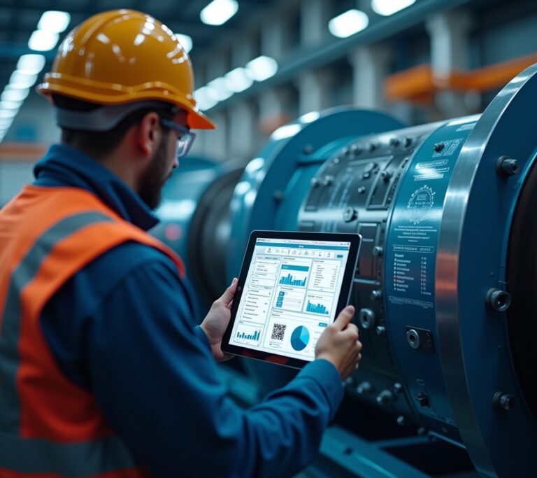 Maintenance technician inspecting industrial machinery with a wrench in hand