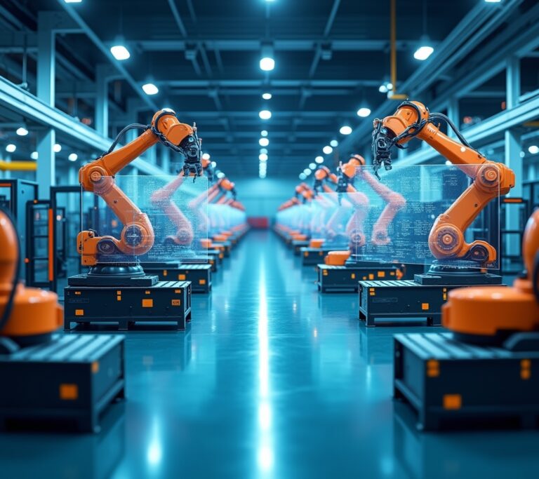 Factory supervisor reviewing production output next to active machinery