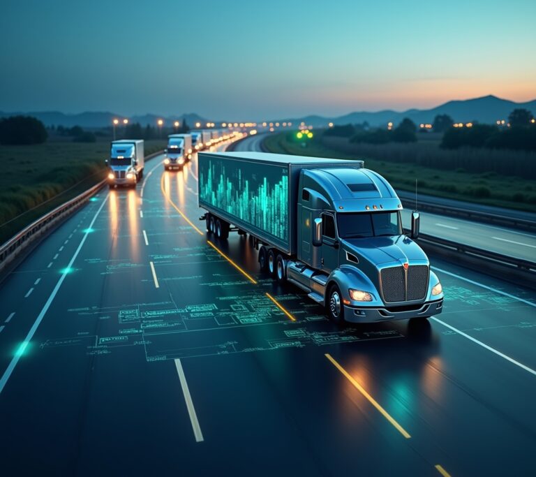 Truck driver checking a dashboard display inside a delivery vehicle cab