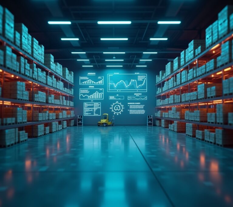 Operations analyst reviewing stock level charts on a monitor in a warehouse office