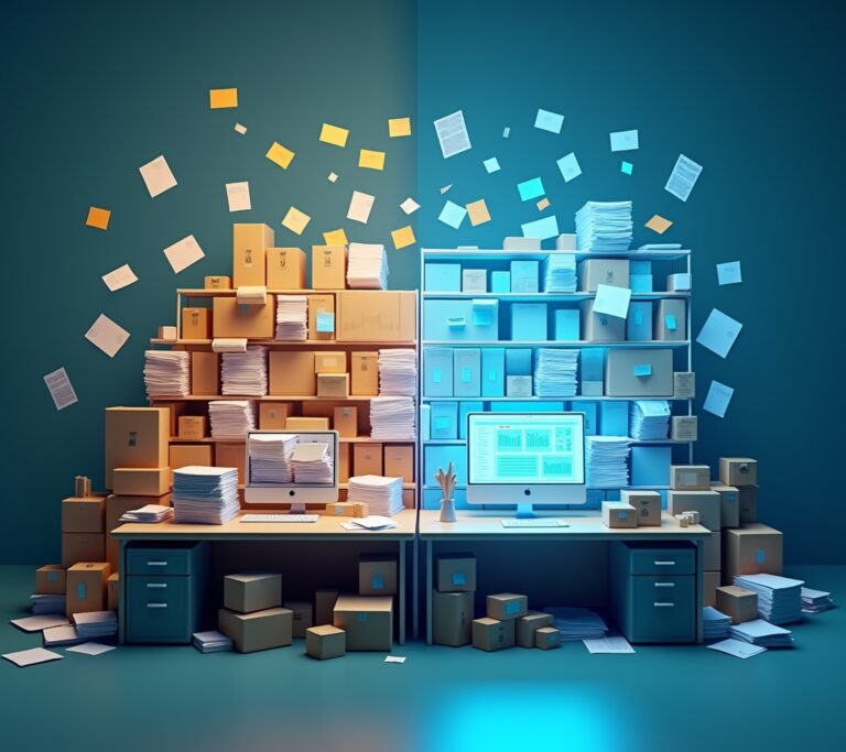 Small business owner surrounded by stacked inventory boxes checking a laptop