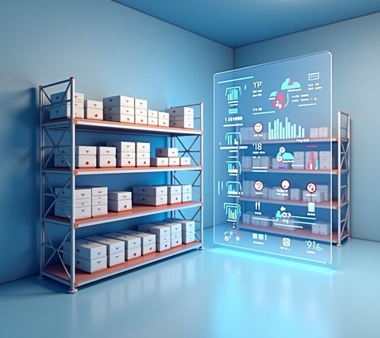 Warehouse worker scanning boxed products on a metal shelf with a handheld scanner, industrial lighting
